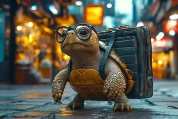 Poster - turtle wearing glasses and carrying briefcase hurries down city street checking watch for punctualit