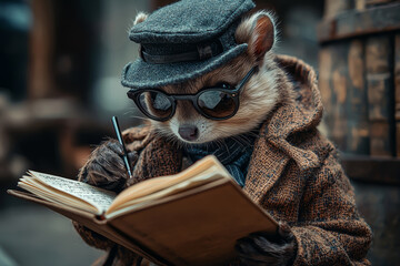 Fototapete - Skunk dressed as detective solving mystery case file notebook open writing clues found during investigation. Concept of investigative reasoning.