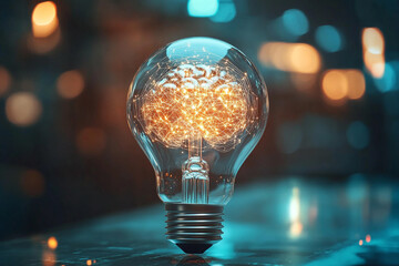 Poster - Brilliant glowing lightbulb brain idea innovation concept art mind power glass spark bright future