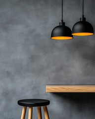 Poster - Minimalist Urban Sanctuary Raw Concrete Brutalist Interior with Warm Industrial Pendant Lighting - Contemporary Workspace Design Inspiration
