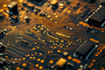 Poster - Closeup detailed view of an electronic circuit board with golden traces pcb wires copper system
