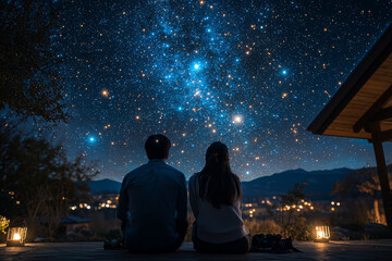 Wall Mural - couple stargazing using telescope in backyard at night with constellations visible above them. conce