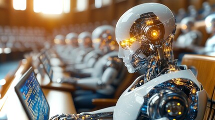 Poster - Robots engaged in coding and development in a futuristic conference hall