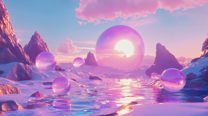 Poster - A futuristic PC desktop wallpaper with 3D-rendered bubbles floating in a vibrant, neon-toned background.