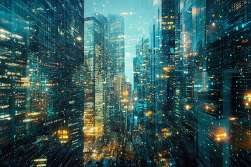 Aufkleber - futuristic cityscape digital network glowing lights modern buildings technology urban night scene