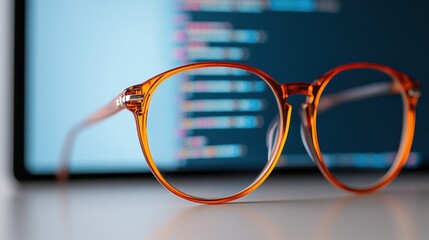 Poster - Minimalist Tech Aesthetic Translucent Amber Eyewear Against Blurred Digital Workspace - Modern Productivity and Design Innovation for Creative Professionals