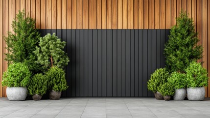 Poster - Two potted trees placed in front of a textured wooden wall creating a natural and rustic interior atmosphere