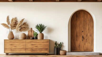 Poster - Stylish room featuring a wooden cabinet and a potted plant against a venetian stucco wall for a cozy interior look