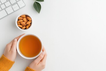 Poster - Mindful Workplace Wellness Ergonomic Minimalist Home Office with Herbal Tea, Almonds and Soft Ergonomic Elements - Holistic Productivity Lifestyle Content