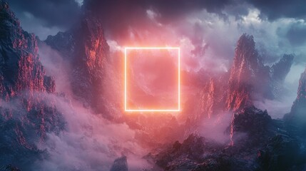 Poster - A glowing neon square floating over a mysterious mountainous landscape, surrounded by dramatic storm clouds and mist.