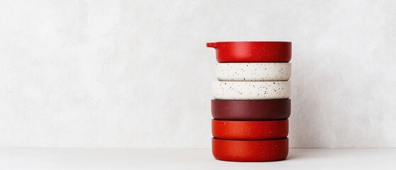 Poster - Minimalist Kitchen Storage Revolution Nested Red Ceramic Cookware Showcasing Space-Saving Design for Modern Urban Living and Sustainable Home Organization