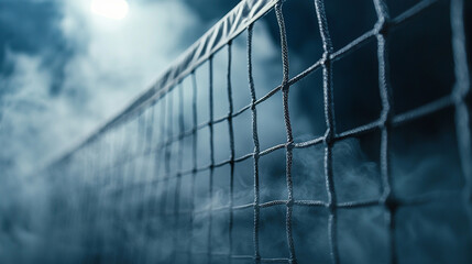Dramatic close up of a volleyball net with smoke and light game blue dark mesh sport image sports