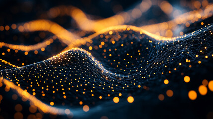 Poster - Abstract orange glowing network digital data wave background dots dark lines light space points