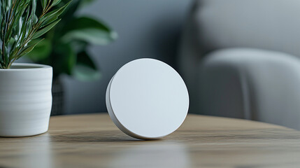 Poster - White round product mockup on wooden table with plant 3d home clean image decor design modern circle