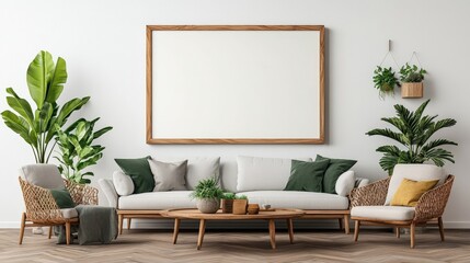 Poster - Cozy living room featuring a comfortable couch, stylish chair, and lush green plant in a modern setting