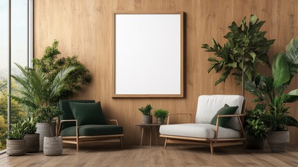 Poster - Minimalist room design with a stylish chair and a green plant adding a touch of nature to the interior