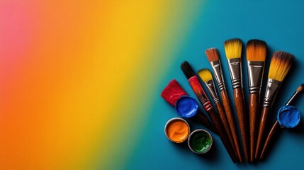 Poster - Colorful collection of paint brushes and paints on a bright multicolored background for artistic creativity
