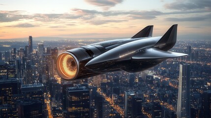 Poster - Futuristic spaceship hovers over a sleek, glowing cityscape at dusk with a bright engine illuminating the skyline