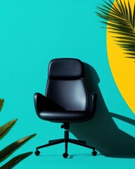Poster - Ergonomic Luxury Sleek Black Executive Chair in Vibrant Wellness-Focused Workspace - Modern Productivity Design for Hybrid Professional Environments