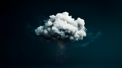 Poster - Delicate billowing white cloud formations flow gracefully through a vast black emptiness as gentle rainfall dances across the enigmatic shadowy background of this digital painting with a captivating