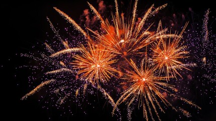 Poster - Fireworks exploding in night sky: festive celebration with orange and purple colors