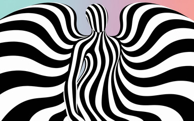 Poster - Abstract Black and White Figure with Flowing Stripes Against a Soft Gradient Background