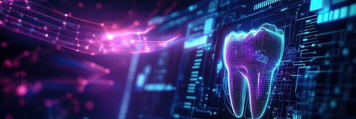 Aufkleber - Futuristic neon wireframe dental implant glowing in high-tech interface with digital elements in a sci-fi aesthetic