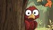 © zunitz - A curious red bird peeks from behind a large tree trunk