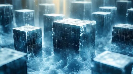 Poster - Frozen metallic cubes floating in misty fog, depicting a futuristic and abstract technological landscape