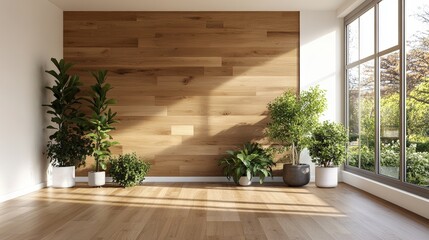 Poster - Cozy room with natural light illuminating a wooden wall, creating a warm and inviting atmosphere of earthy tones