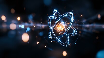 Poster - Glowing atomic structure with orbiting electrons in blue light against dark background, energy particles and bokeh effects create scientific atmosphere.