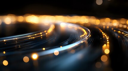 Poster - Glowing light trails curve through darkness with golden bokeh effects creating dynamic motion and energy, abstract background for technology and innovation concepts.