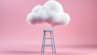 © Edo - Blue Ladder Reaching A Fluffy White Cloud Against A Pastel Pink Background In A Minimalist Surreal 3D Rendered Digital Art