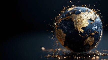 Poster - Luxurious Earth globe with golden continents and dark blue oceans floating against black background with glowing particles and sparkles creating magical atmosphere.
