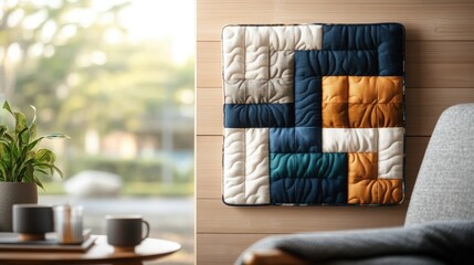 Poster - Stylish couch adorned with a decorative potted plant and modern quilt hanging on the wall for a cozy living room atmosphere