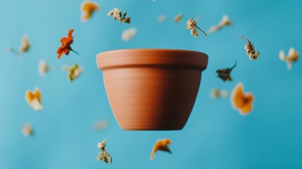 Aufkleber - Artisan Levitation Terracotta Clay Pot Floating in Serene Blue Wilderness - Mindful Craft Experience and Creative Wellness Design