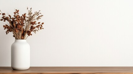 Poster - Simple yet stylish white ceramic vase containing dried flowers for a contemporary home decor accent on a wooden surface
