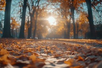 Poster - Fallen autumn leaves creating golden carpet in sunny park