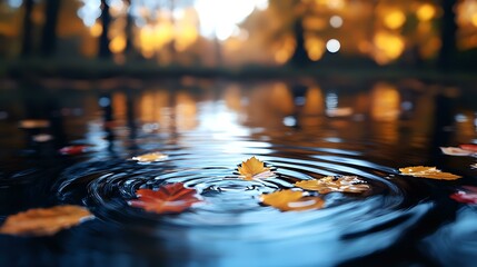 Poster - Autumn maple leaves floating on dark water surface with concentric ripples, golden bokeh lights in background creating magical evening atmosphere.