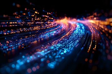 Poster - Abstract light trails with blue and orange glowing particles creating dynamic motion effect against dark background, suggesting high-speed data transfer or fiber optics.