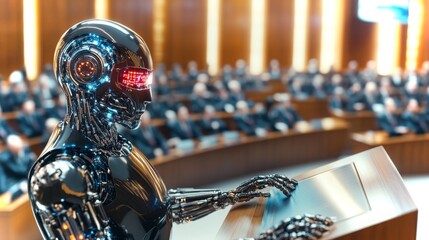Poster - Robot delivers a speech to officials in a futuristic conference setting in high-definition quality