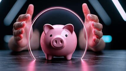 Poster - Hands Protecting Pink Piggy Bank with Neon Glow, Representing Savings, Financial Security, and Future Investments in Modern Digital Environment