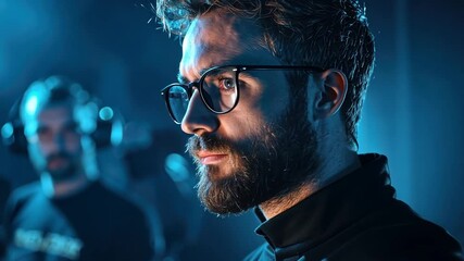 Poster - Focused Young Professional Engaging with Futuristic Technology in a Dimly Lit Space