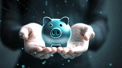 Poster - Hands Holding Digital Piggy Bank with Glowing Dollar Sign Representing Savings and Financial Growth in Modern Technology Concept