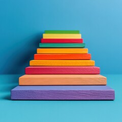 Aufkleber - Chromatic Business Growth Strategy Minimalist Wooden Block Pyramid Visualizing Incremental Success, Innovation, and Corporate Progression in Vibrant Design