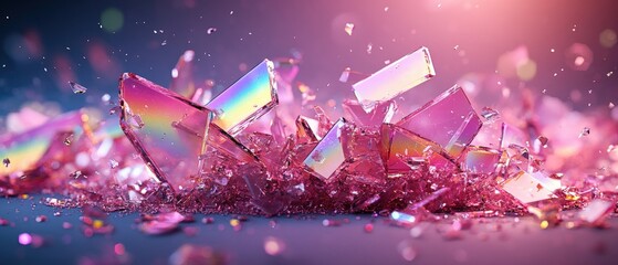 Poster - Broken glass pieces reflecting light on a holographic background creating a unique and intriguing visual experience