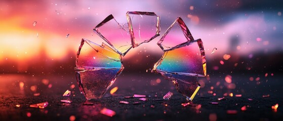 Aufkleber - Fragmented broken glass pieces displaying an intriguing holographic background with vibrant reflections and colors