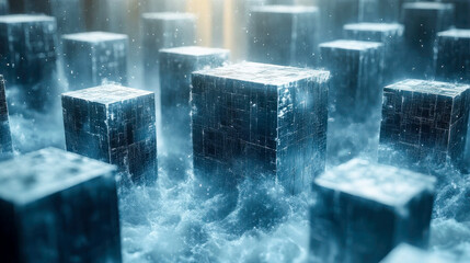 Poster - Frozen metallic cubes floating in misty fog, depicting a futuristic and abstract technological landscape