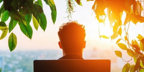 Fototapete - Biophilic Workspace Revolution Mindful Millennial Professional Leveraging Natural Light and Greenery for Peak Productivity in Modern Urban Coworking Environment