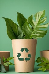 Poster - Sustainable Living Reimagined Eco-Chic Recycling Cup with Vibrant Monstera Leaves - Green Design Innovation for Conscious Urban Lifestyles